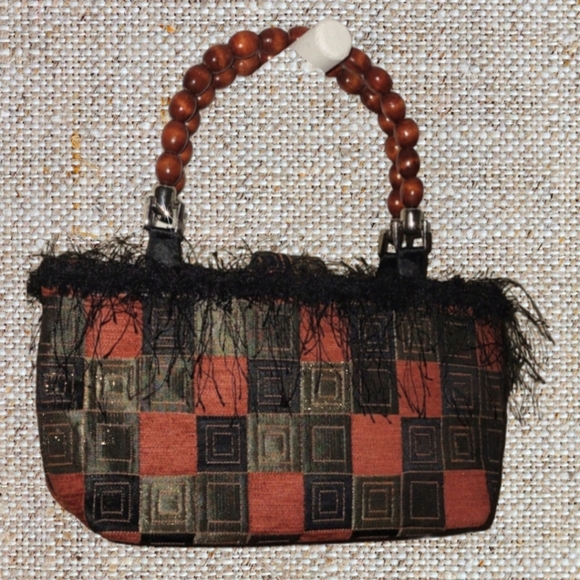 Copper & Black Fringe Handbag w/ Wooden Handles - Picture 5 of 8